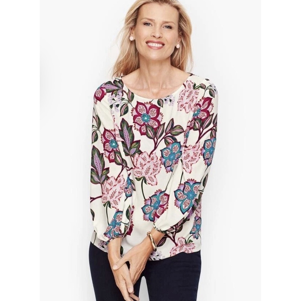 Talbots Women's White Floral Print 3/4 Poet Sleeve Blouse Top‎ Size XS
